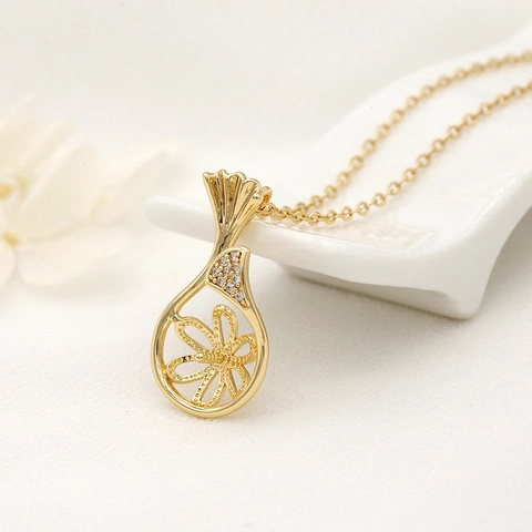 14K Verguld Messing Zirconia Parelmontage Hanger Voor Ketting Maken DIY Sieraden Benodigdheden Elegante Bloemblad Charms