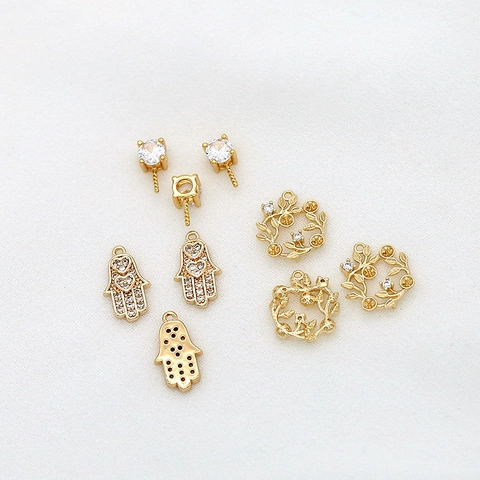 14K Gold Plated Copper Zirconia Mini Hamsa Hand Wreath Round Pendant Charms For DIY Bracelet Earring Jewelry Making Accessory