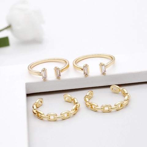 Minimalist 14K Gold Plated Brass Open Ring For Women Elegant Zircon Leaf Chain Link Adjustable Fashion Jewelry Accessories