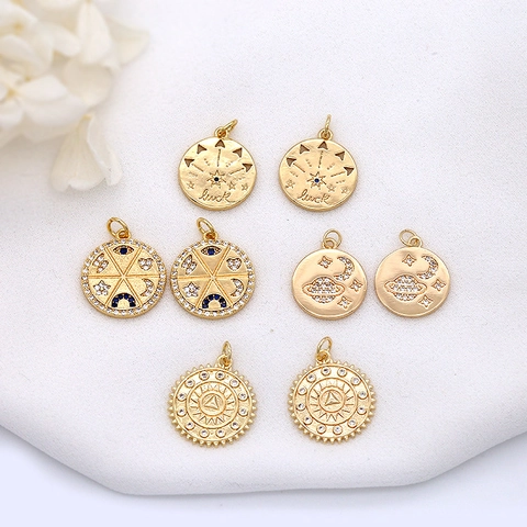 Pendentif Disque Rond en Cuivre Plaqué Or 14K Zircon Micro-pavage Soleil Lune Étoile Mauvais Œil Pour Création Bijoux DIY Pendentif Uniquement