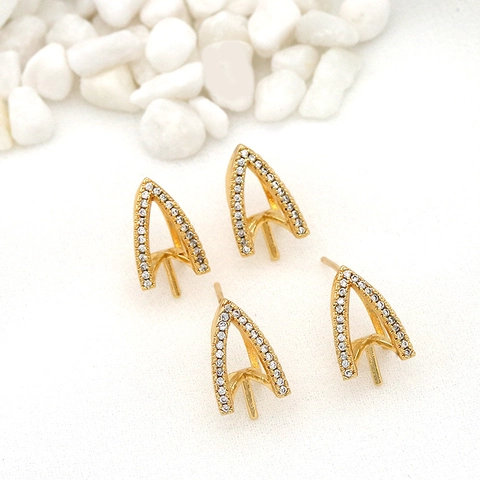 14K Gold Plated Brass Triangle Stud Earrings With 925 Sterling Silver Post Micro Pave Zircon DIY Artificial Pearl Setting Accessory