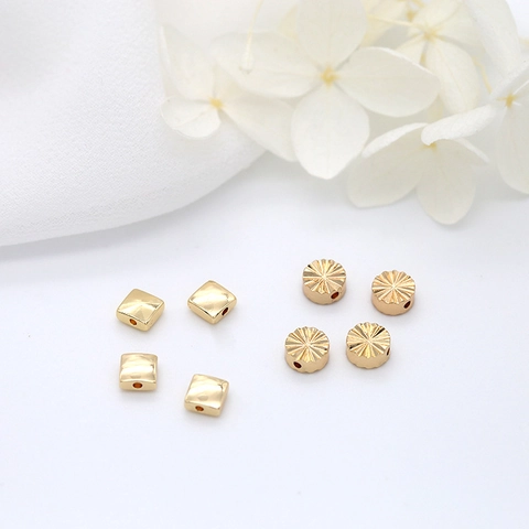 14K Gold Plated Copper Spacer Beads For DIY Jewelry Making Square And Round Sun Pattern Geometric Separator Beads Accessories