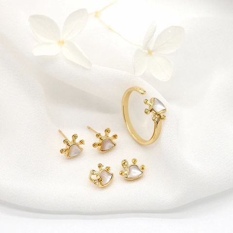 Pendientes de Botón Latón Bañado en Oro 14K Minimalistas Huella de Gato Corona Con Poste Plata 925 Anillo Colgante