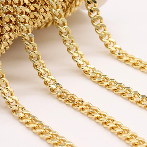 14K Gold Plated Pure Copper Cuban Curb Chain For DIY Jewelry Making Findings Necklace Bracelet Bags Clothing Accessory