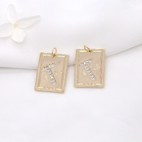 Colgante Rectangular Letra T de Cobre Chapado en Oro 14K DIY Joyería Strass Star Paris Grabado Para Mujer