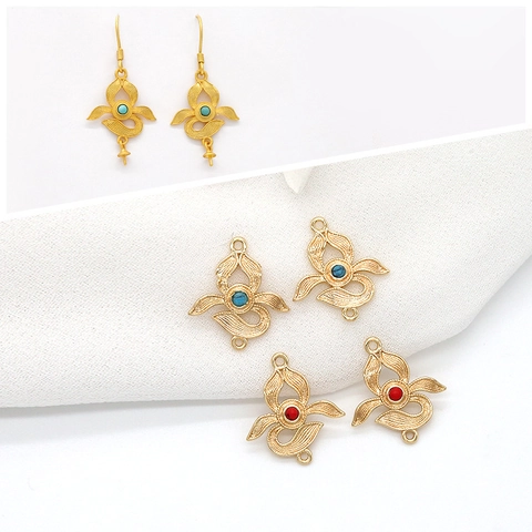 14K Gold Plated Copper Floral Jewelry Connector Pendant With Inlaid Synthetic Ruby Turquoise For DIY Earring Jewelry Making