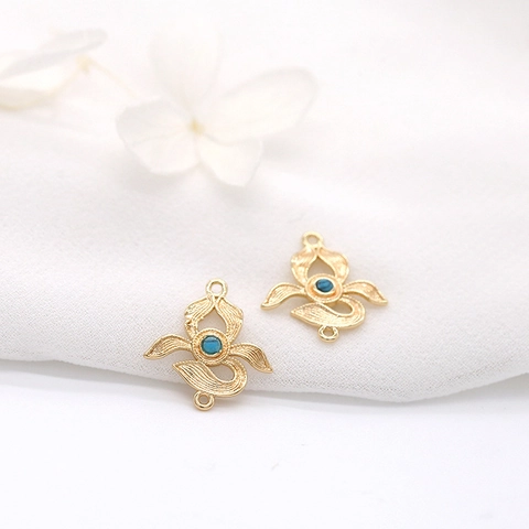 14K Gold Plated Copper Floral Jewelry Connector Pendant With Inlaid Synthetic Ruby Turquoise For DIY Earring Jewelry Making