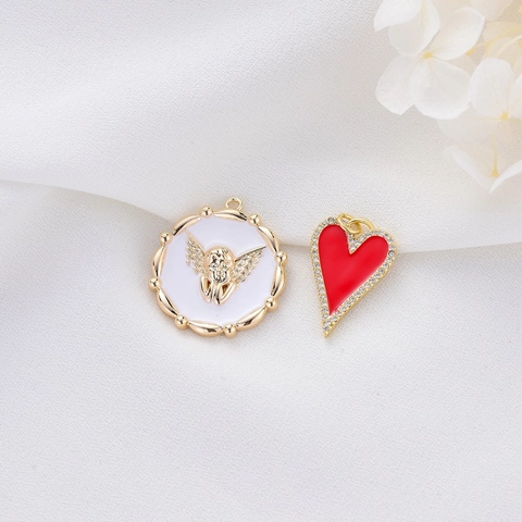 Copper Drip Oil Enamel Pendant Charm With Rhinestone Trim Heart Angel Pattern Gold Plated DIY Craft Earring Necklace Making Materials For Couples Jewelry Accessories