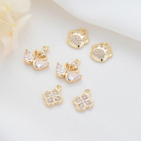 14K Gold Plated Brass Zirconia Swan Clover Cat Paw Pendant DIY Jewelry Making Accessories For Women Necklace Bracelet