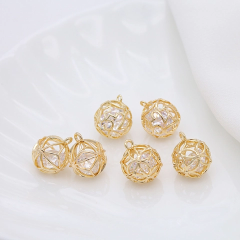 14K Gold Plated Copper Hollow Round Ball Pendant With Zirconia DIY Jewelry Accessories Charms For Necklace Earrings Women