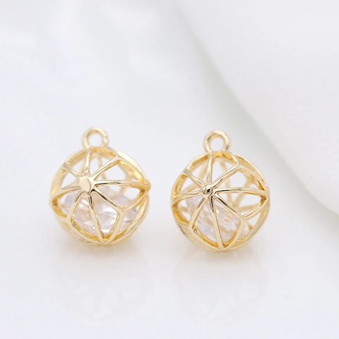 14K Gold Plated Copper Hollow Round Ball Pendant With Zirconia DIY Jewelry Accessories Charms For Necklace Earrings Women
