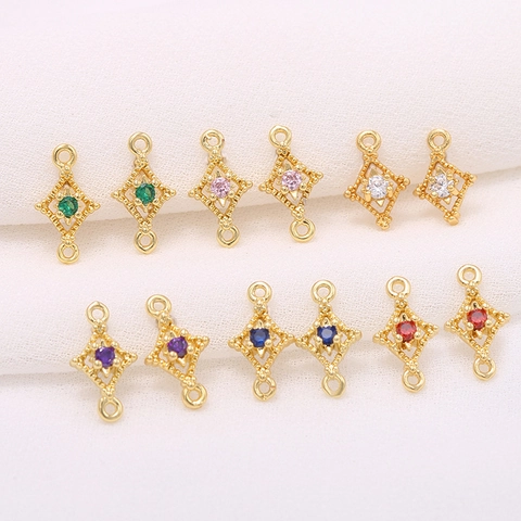 14K Vergoldetes Messing Rhombus Zirkonia Verbinder Charm Für DIY Schmuckherstellung Geometrischer Anhänger Für Armband