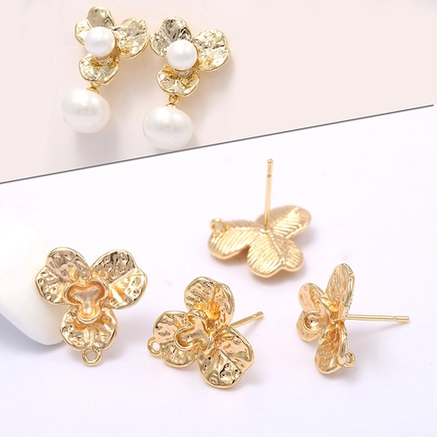 Flower Earring Findings Copper Material With 925 Sterling Silver Earring Post DIY Jewelry Making Artificial Pearl Hammered Textured Stud Accessories