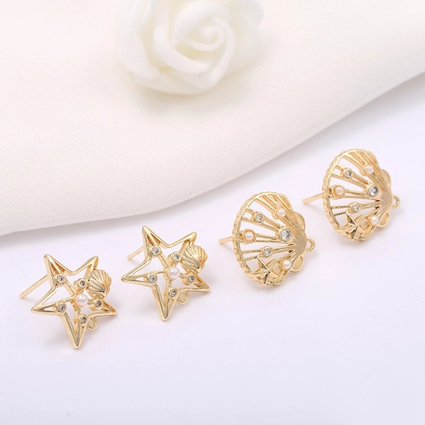 14K Gold Plated Copper Star Shell Earring Findings With 925 Sterling Silver Earring Post Zirconia Artificial Pearl DIY Jewelry Parts