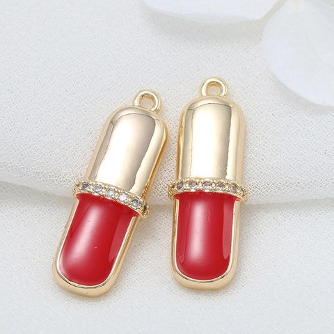 14k Gold Plated Brass Lipstick Capsule Shape Pendant Only Without Chain With Zirconia Enamel For DIY Jewelry Making Charm