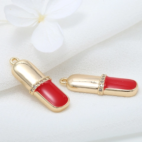 14k Gold Plated Brass Lipstick Capsule Shape Pendant Only Without Chain With Zirconia Enamel For DIY Jewelry Making Charm