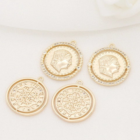 Pendentif Pièce Portrait Rond en Cuivre Plaqué Or 14k Vintage Avec Zircone Médaille Commémorative Double Face Accessoire Bijoux DIY
