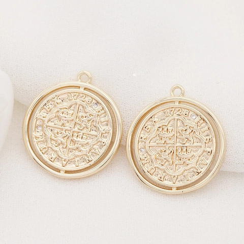 Pendentif Pièce Portrait Rond en Cuivre Plaqué Or 14k Vintage Avec Zircone Médaille Commémorative Double Face Accessoire Bijoux DIY