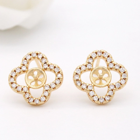 Tige en Argent Sterling 925 Fournitures Boucles d'Oreilles Trèfle Cuivre Zirconia Incrusté Plqué Or 14K DIY Accessoires Bijoux Femme