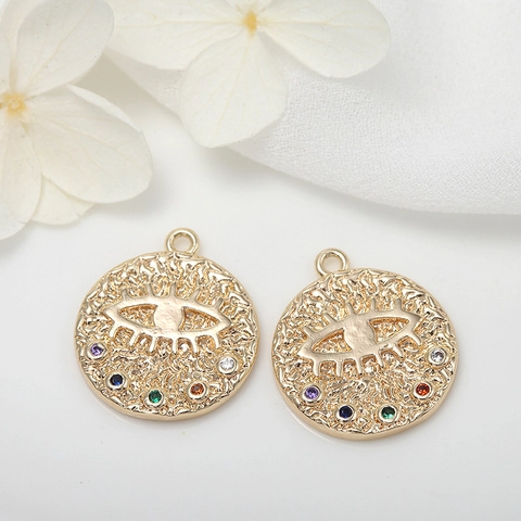 14K Gold Plated Brass Evil Eye Pendant For Jewelry Making Micro Pave Zirconia Enamel Sun Round Coin Charm For Necklace Women DIY Jewelry Accessory