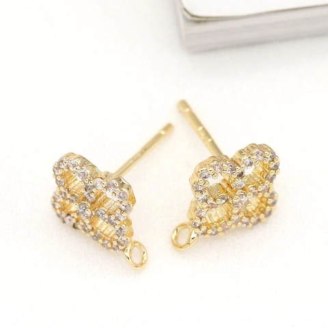 Fournitures de Bijouterie en Cuivre Trèfle à Quatre Feuilles Zirconia pour Boucles d'Oreilles Clous Avec Tige en Argent Sterling 925 Composants de Boucles d'Oreilles Fleurs Plaqués Or 14K pour Femmes
