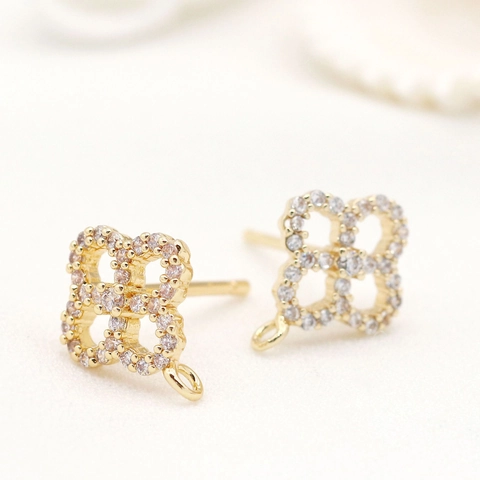 Fournitures de Bijouterie en Cuivre Trèfle à Quatre Feuilles Zirconia pour Boucles d'Oreilles Clous Avec Tige en Argent Sterling 925 Composants de Boucles d'Oreilles Fleurs Plaqués Or 14K pour Femmes