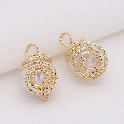 14K Gold Plated Copper Imitation Artificial Pearl Pendants Spiral Wire Wrapped DIY Jewelry Making Accessories For Earrings Necklaces