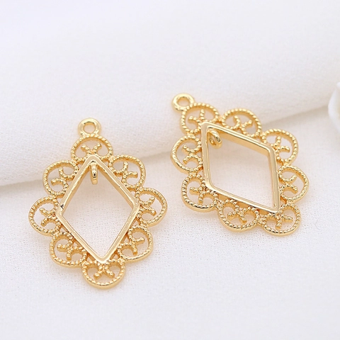 DIY Jewelry Accessory 14K Gold Plated Pure Copper Lace Rhombus Hollow Pendant For Earring Necklace Bracelet Ornament
