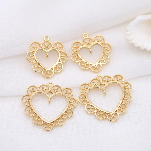 Ciondolo Solo (Senza Catena) a Forma di Cuore in Pizzo Vintage Placcato Oro 14K Rame Accessori per Creazione Gioielli DIY