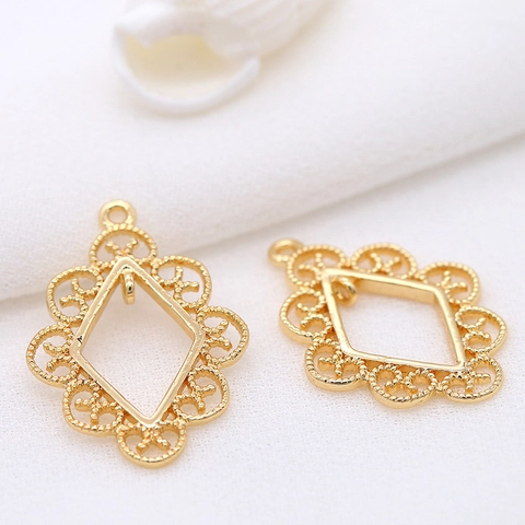 DIY Jewelry Accessory 14K Gold Plated Pure Copper Lace Rhombus Hollow Pendant For Earring Necklace Bracelet Ornament
