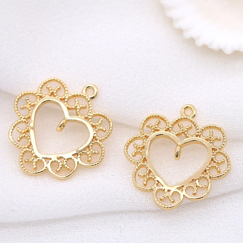 Ciondolo Solo (Senza Catena) a Forma di Cuore in Pizzo Vintage Placcato Oro 14K Rame Accessori per Creazione Gioielli DIY