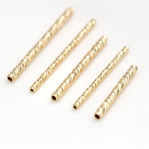 Handmade DIY Jewelry Making Pure Brass 14K Gold Plated Cylinder Beads Spacers With Diamond Cut Twisted Texture For Necklaces