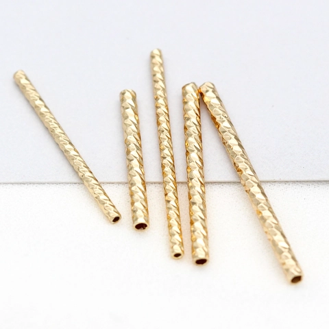 Handmade DIY Jewelry Making Pure Brass 14K Gold Plated Cylinder Beads Spacers With Diamond Cut Twisted Texture For Necklaces