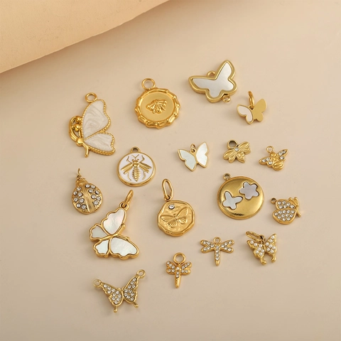 Stainless Steel Insect Charm Pendants For DIY Jewelry Making French Retro Butterfly Bee Dragonfly Rhinestone Pendants