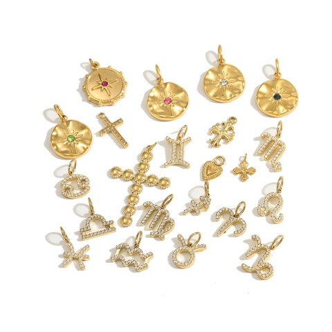 Vintage Stainless Steel Gold Plated Zodiac Pendant Rhinestone Eight-Pointed Star Cross Heart DIY Jewelry Charm For Women