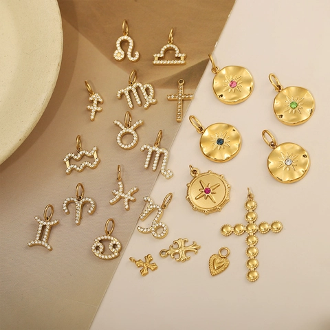 Vintage Stainless Steel Gold Plated Zodiac Pendant Rhinestone Eight-Pointed Star Cross Heart DIY Jewelry Charm For Women