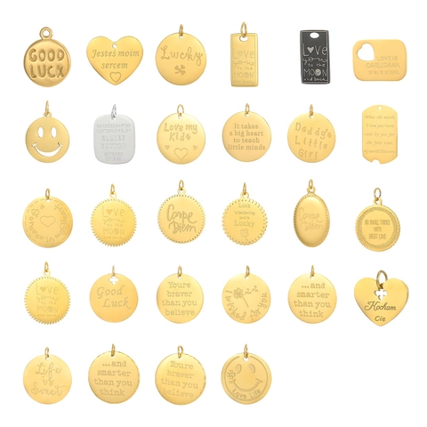 Stainless Steel Engraved Inspirational Pendant Charms Round Heart Rectangle Quote DIY Jewelry Making Accessory For Necklace Bracelet