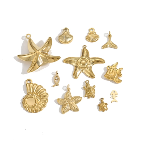 Ocean Series Stainless Steel Pendants Gold Plated Sea Turtle Starfish Shell Fish Bone For Jewelry Making DIY Crafting Accessories