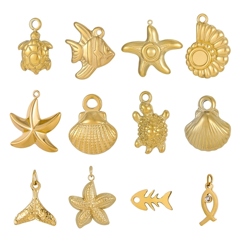 Ocean Series Stainless Steel Pendants Gold Plated Sea Turtle Starfish Shell Fish Bone For Jewelry Making DIY Crafting Accessories