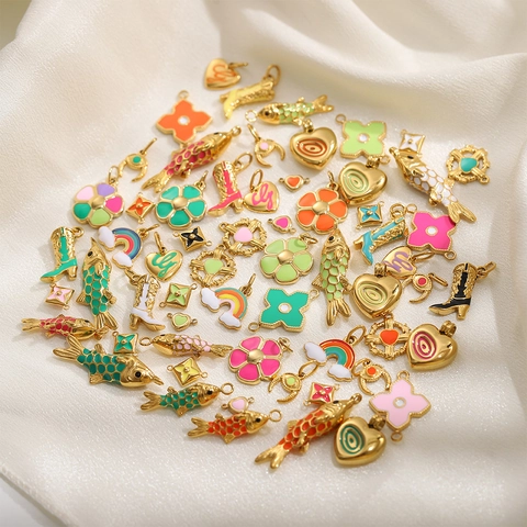 Stainless Steel DIY Jewelry Making Pendants Enamel Oil Drip Vintage Cowboy Boots Heart Rainbow Fish Charms For Necklace Bracelet
