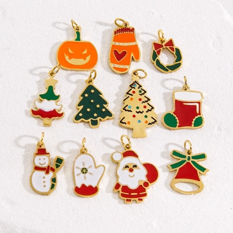 Stainless Steel Christmas Reindeer Snowman Tree Enamel Drip DIY Pendant Necklace Earring Keychain Making Accessories For Holiday Decor