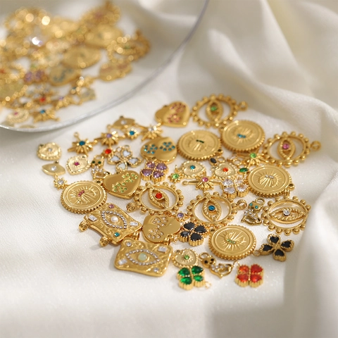 Titanium Steel Gold Plated Evil Eye Heart Moon Sun Cat Clover Pendants For DIY Jewelry Making Rhinestone Enamel Charms