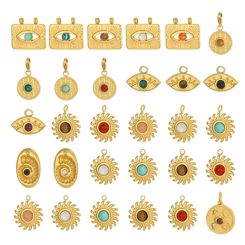 Retro Edelstahl Böses Auge Sonne Mond Anhänger Gold Plattiert Naturstein Eingelegte Charms Für DIY Schmuckherstellung Damen Halskette Zubehör