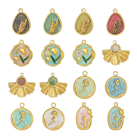 French Vintage Stainless Steel Floral DIY Pendant Enamel Flower Wheat Ear Charm For Necklace Making Jewelry Accessories Women