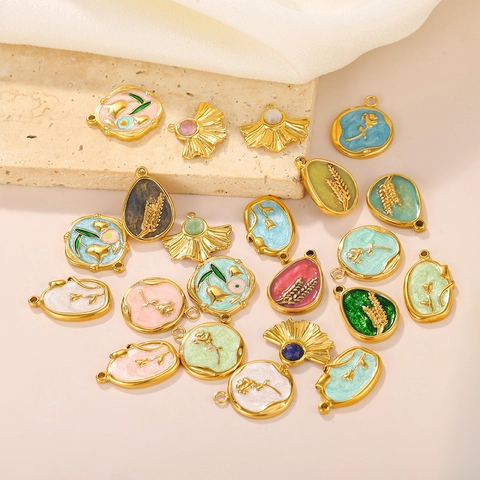 French Vintage Stainless Steel Floral DIY Pendant Enamel Flower Wheat Ear Charm For Necklace Making Jewelry Accessories Women