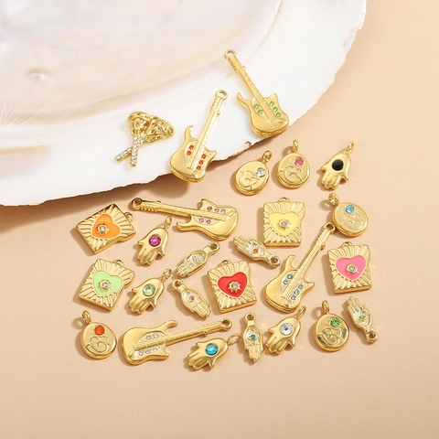 Vintage Stainless Steel Evil Eye Hamsa Hand Guitar Pendant Zirconia Inlaid Charms For DIY Jewelry Making Necklaces