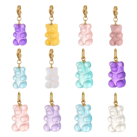 Stainless Steel Resin Gummy Bear Pendants Colorful Cute DIY Jewelry Making Charms Necklace Accessories For Women Girls Gift