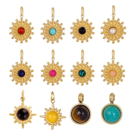 Vintage Court Style Stainless Steel Sunburst Sunflower Round Pendant DIY Jewelry Accessories Bohemian Inlaid Rhinestone Pendant