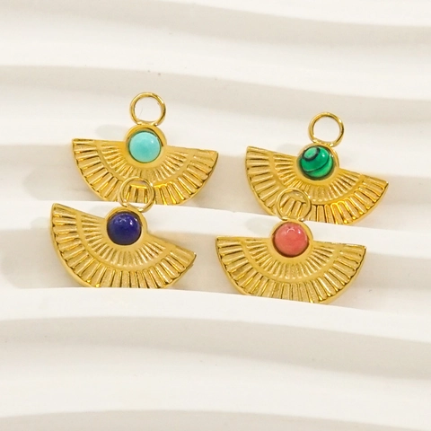 Vintage Stainless Steel Fan Shaped Evil Eye Pendant Inlaid Natural Stone For DIY Necklace Making Jewelry Accessories For Women