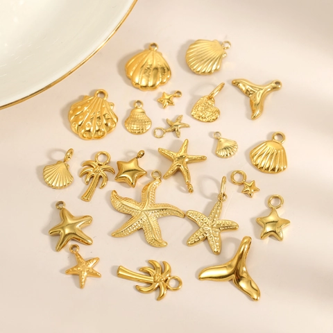 Stainless Steel Marine Theme Charms Pendants For DIY Jewelry Making Gold Starfish Shell Coconut Tree Whale Tail Accessories